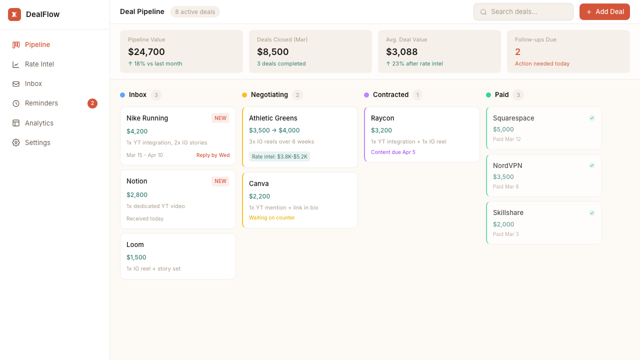 DealFlow dashboard showing kanban pipeline with deal cards, rate intelligence, and AI parsing